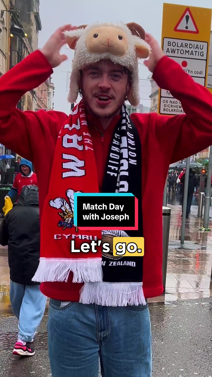 A young man wearing a Welsh rugby shirt, scarf, and sheep-themed hat reaches their arms of their head